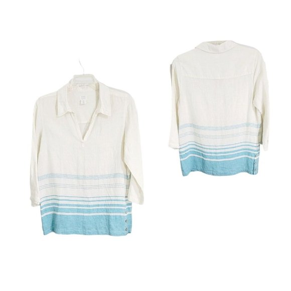 Sigrid Olsen Tops - Sigrid Olsen Blue White Linen V-Neck 3/4 Sleeve Casual Top Women’s Size L